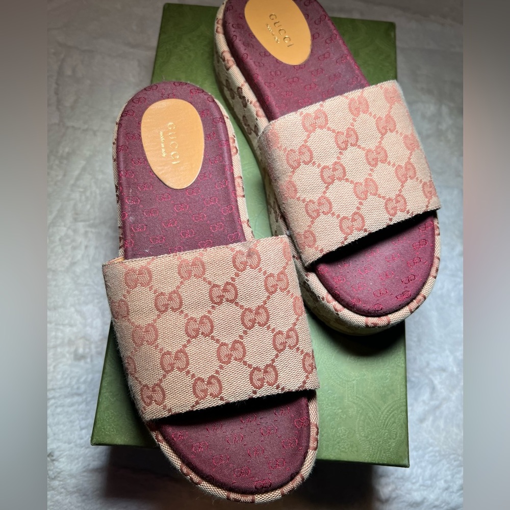 Gucci Logo Canvas Platform Slide Sandals